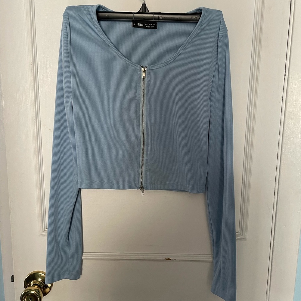 Shein small crop too zipper long sleeve blue ribbed